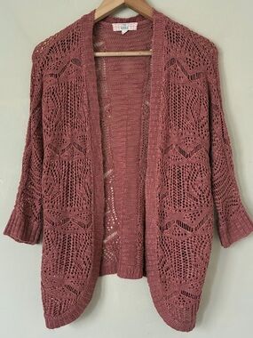 Pink Republic Crochet Knit Open Front Cardigan Dusty Rose Boho 3/4 Sleeve M Boho